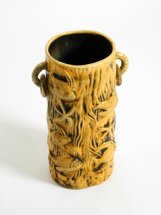 Image 1 of Beautiful large handmade glazed ceramic floor vase, handled vase with maritime fish and starfish motifs | Mid Century Modern