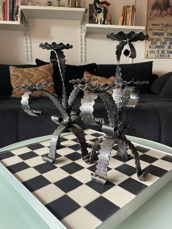 Image 1 of Pair of Brutalist candlesticks in wrought iron 1950