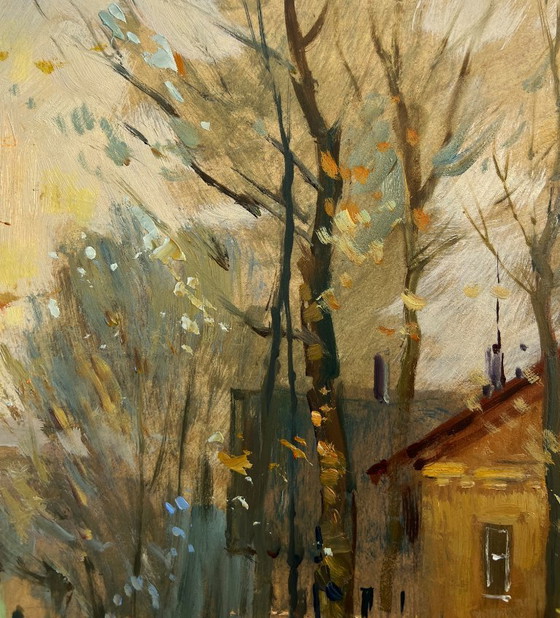 Image 1 of Pintura al óleo original Paisaje urbano otoñal Reflejos del otoño