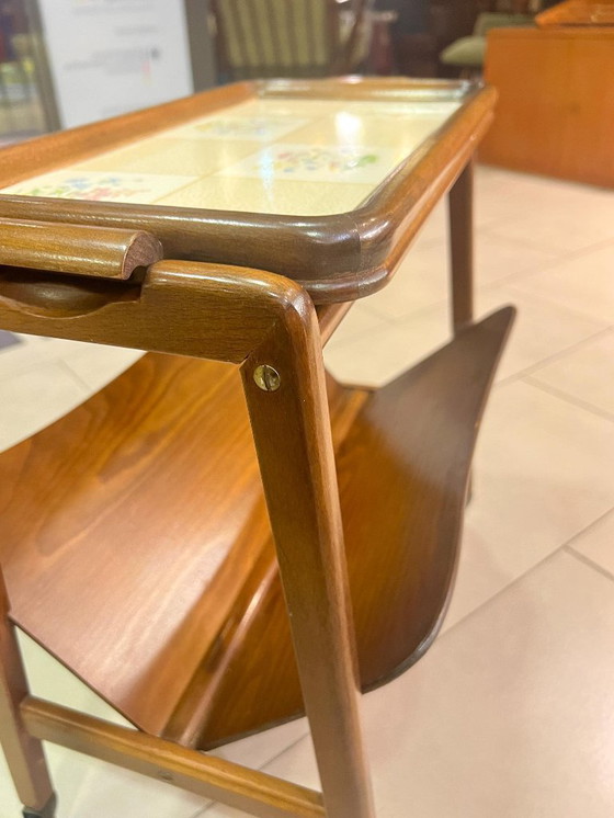 Image 1 of Original 60s serving trolley with newspaper rack and removable Grünstadt fine ceramics tray, Mid - Century classic