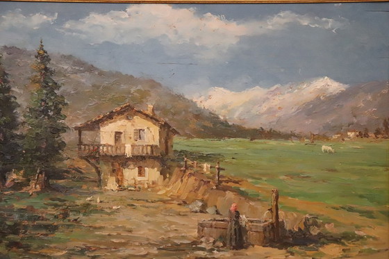Image 1 of Italiaans bergdallandschap, gesigneerd olieverfschilderij, 20e eeuw