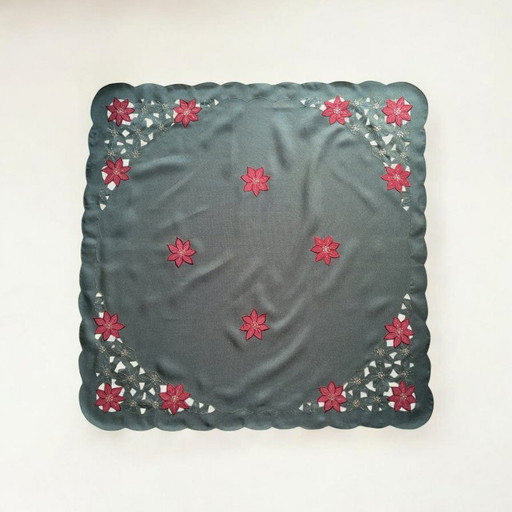 Quadratische Vintage Weihnachts-Tischdecke – Grün mit roten Weihnachtsblüten, ca. 87x87 cm