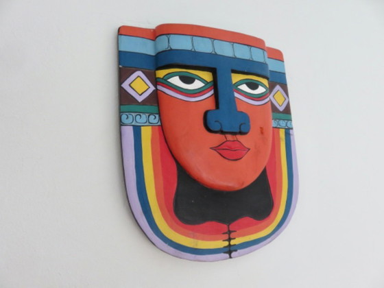Image 1 of Masque aztèque « Laurel Burch », maya, bois peint à la main, pop art, 1980