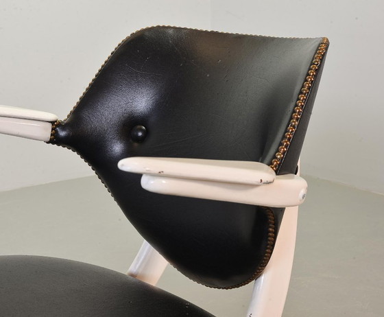 Image 1 of Louis van Teeffelen Dutch Design Pelican Arm Chair for Webe in Solid White Painted Teakwood and Black Leatherette. 