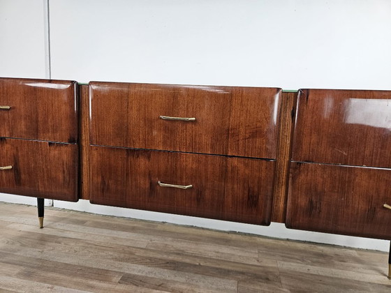 Image 1 of Vintage six-drawer mahogany burl dresser with glass top, 1960