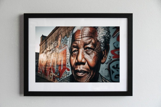 Image 1 of Gedrukte en ingelijste foto / decoratieve lijst / beperkte oplage / gesigneerd / Nelson Mandela / straatkunst
