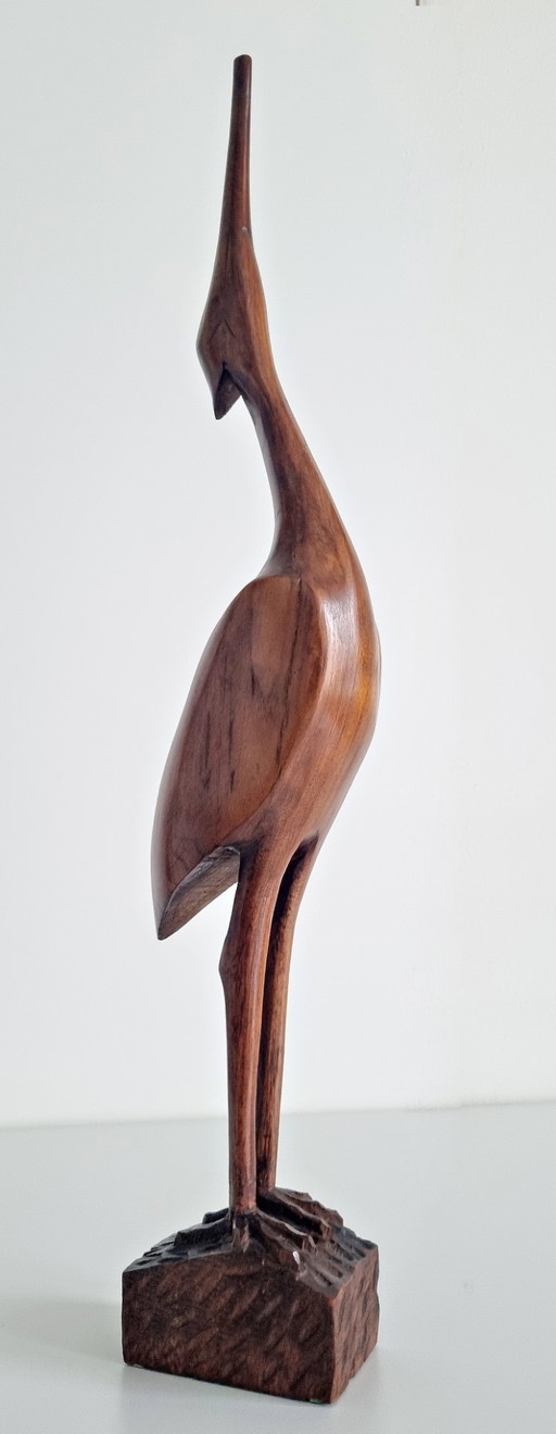 Escultura de garza de teca vintage de mediados de siglo, 45 cm.