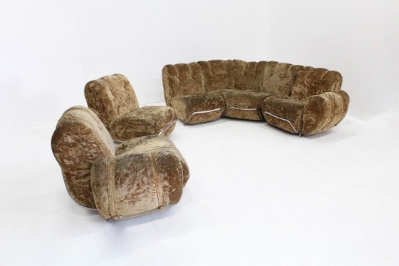 Vintage Italiaanse modulaire elementen bank  sofa 1970s, Hoekbanken, Fluweel, Metaal, Bruin (foto 12 van 12)