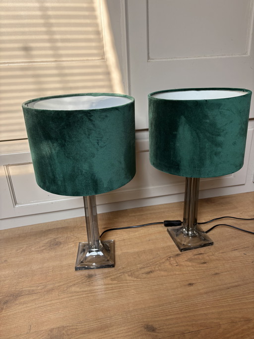 Set Van 2 Tafellampen Met Rookglas Voet En Groene Velvet Kap