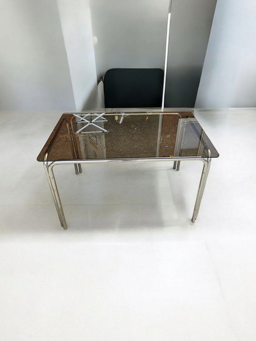 Italian vintage chrome metal dining table smoked glass 1970s