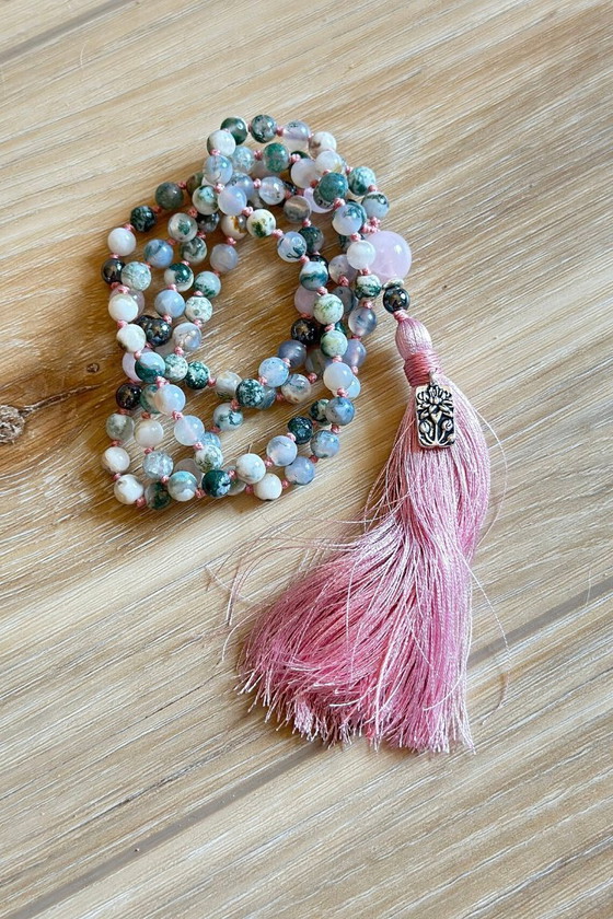 Image 1 of Mala voor emotioneel evenwicht - Yoga gebedskralen - Agaat & Rozenkwarts - Mala ketting met 108 kralen - Sari zijden kwastje