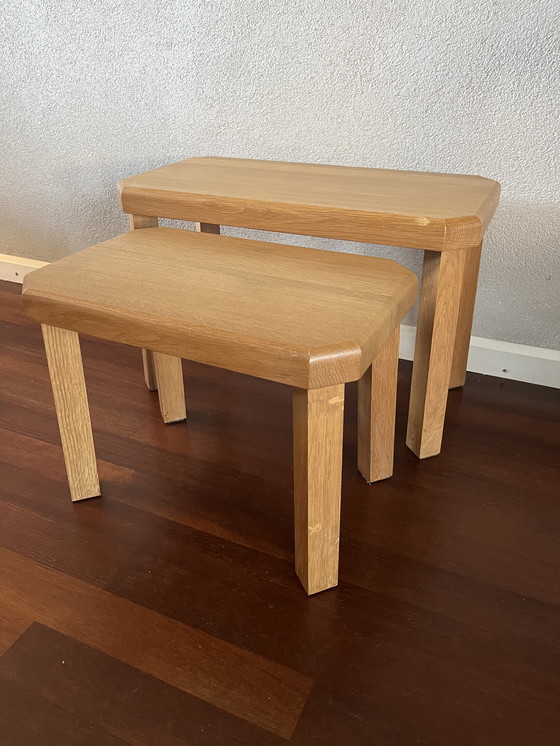 Image 1 of Massief eiken brutalist nesting tafeltjes vintage set 60/70