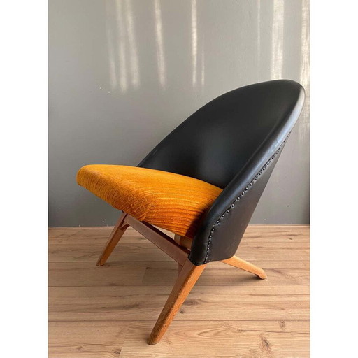 Vintage black leatherette and orange fabric armchair by Theo Ruth for Artifort, 1950