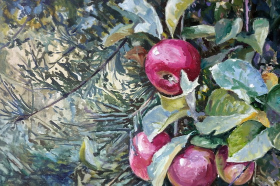 Peinture à l'huile originale Art contemporain Septembre Forêt Pommes du paradis – Peintures et dessins, Canvas (photo 4 of 7)