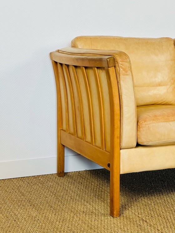 Image 1 of Vintage Scandinavian 2-seater sofa in beige leather and wood by Stouby, 1960s
