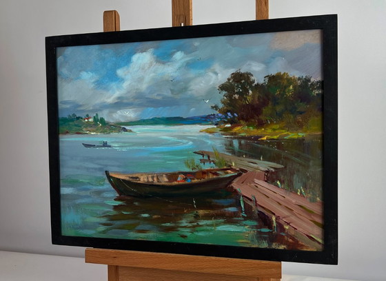 Image 1 of Original Oil Painting Summer Coastal Landscape On a long river journey