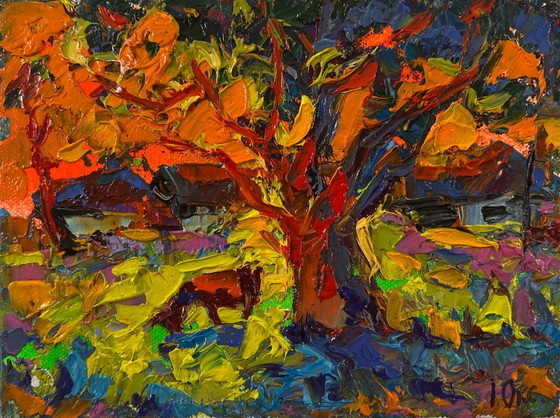 Image 1 of Original Oil Painting Autumn Village Landscape The Sun Is Setting