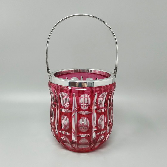 Image 1 of 1960s Gorgeous Bohemian Red Cut Crystal Glass Cocktail Shaker With Ice Bucket. Fabriqué en Italie