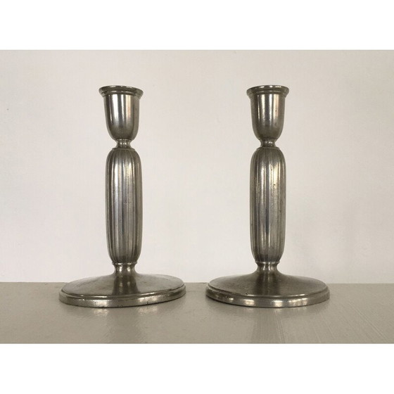 Image 1 of Pair of vintage Art Deco pewter candlesticks by Just Andersen