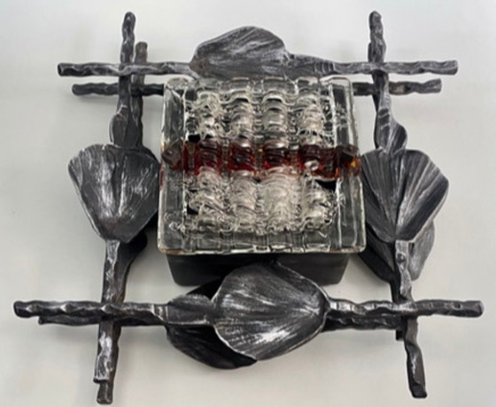 Image 1 of Pair of Brutalist wall sconces – Hand-Forged iron with Artistic glass – Italy 1960s–70s