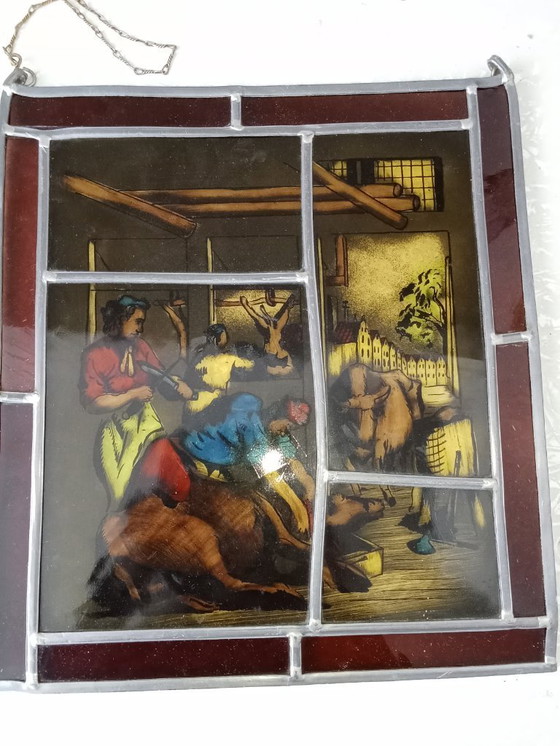 Image 1 of Antiek Glas in Lood Slagers Slachthuis Koeien