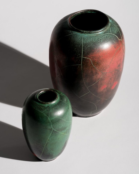 Image 1 of Pair of Paul Dresler Grootenburg Copper Reduction Glaze Studio Ceramic Vases – Germany, ca. 1940s-1950s Art Deco Bauhaus