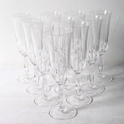 Set van 10 vintage kristallen champagneglazen, transparant Italiaans glaswerk / jaren 80 – glazen karaffen (photo 2 of 12)