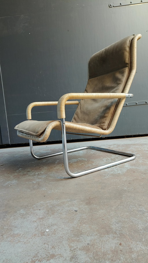 Vintage Rattan Chrome Tubular Frame Armchair 1980s In Style Of Bauhaus Tecta Thonet