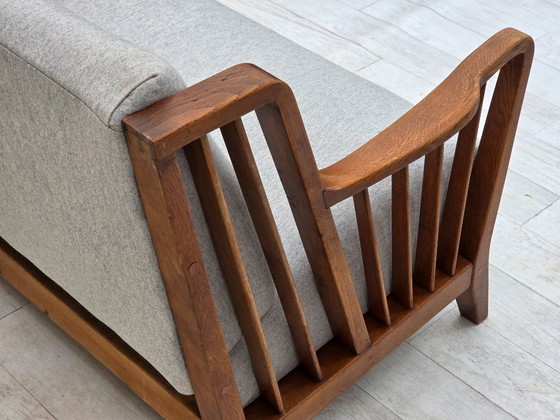 Image 1 of 1950s, Scandinavian 2-seater sofa, reupholstered, furniture wool, oak.