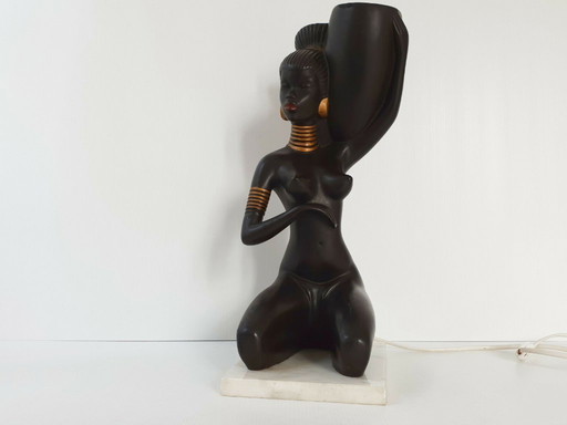 1950s Vintage African Rockabilly Table Lamp, Ceramic & Marble