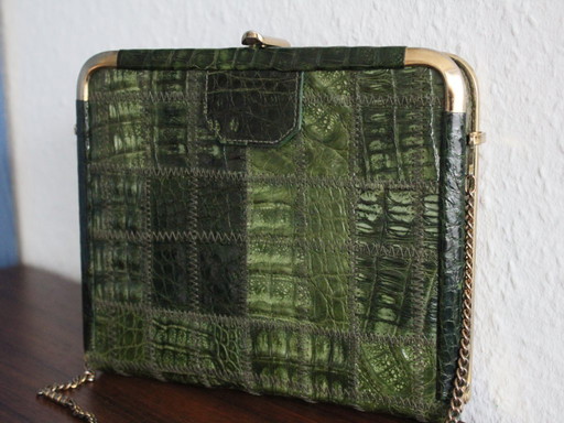 Vintage crocodile leather handbag, green crocodile leather with brass frame and clasp
