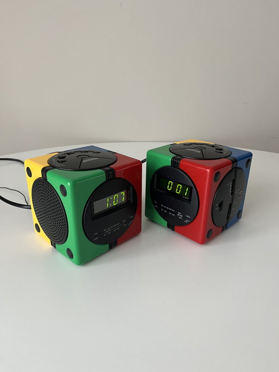 Image 1 of Rubik's Cube Style Digital FM Clock Radios - Space Age Memphis