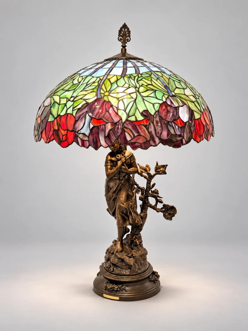 Large Tiffany-Style Stained Glass Table Lamp with Sculptural Female Base