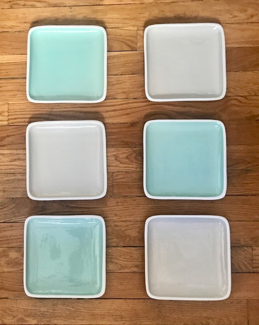Lot 6 assiettes plates carrées turquoise et gris