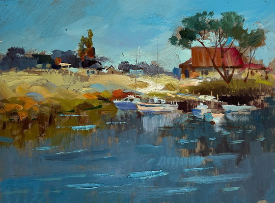 Image 1 of Original Oil Painting Summer Village Landscape Sailboats on the shore