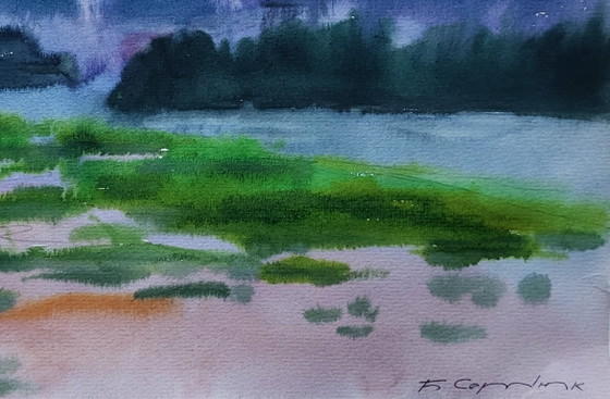 Original Watercolor Painting Nature Landscape Meadow Morning Fog – Paintings & Drawings, Paper (photo 7 of 7)