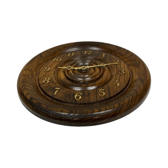 Image 1 of Vintage round oak wall clock carved turned wood retro Germany 1980s.