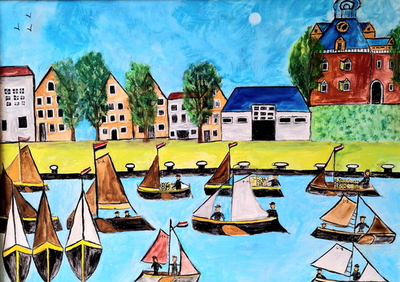 Image 1 of painting, sailboats, naive art, bright colors
