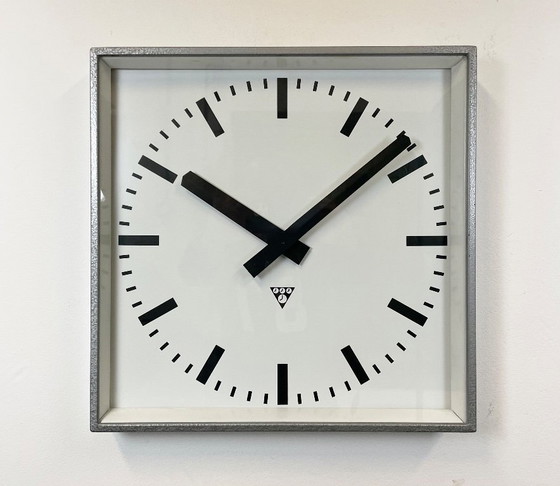 Image 1 of Large Grey Industrial Square Wall Clock from Pragotron, 1970s