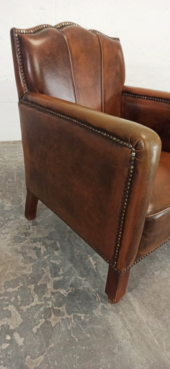Image 1 of Fauteuil vintage Art Déco en cuir cognac