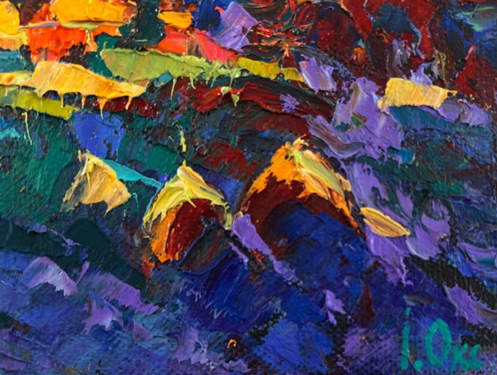 Image 1 of Original Oil Painting Autumn Forest Landscape Fires ignite darkness and silence
