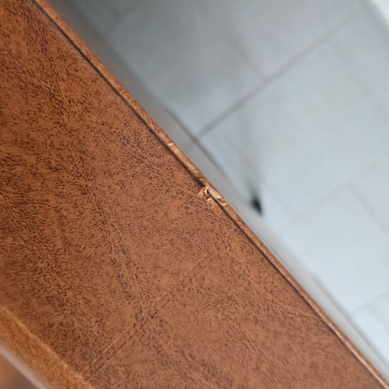 Image 1 of Poltrona francese vintage anni '60 in similpelle color avana e legno laccato nero.