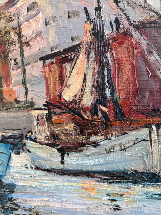 Image 1 of Peinture à l'huile originale d'époque représentant un paysage urbain bordé de canaux, datant des années 1970.