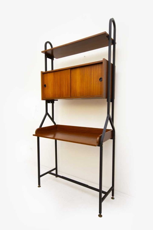 Vintage wall system with teak desk and black metal frame