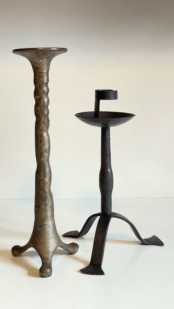 Image 1 of Een paar brutalistische vintage stalen kandelaars