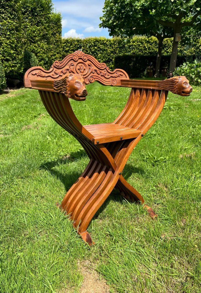 Carved wooden Savonarola folding chair with lion heads – vintage