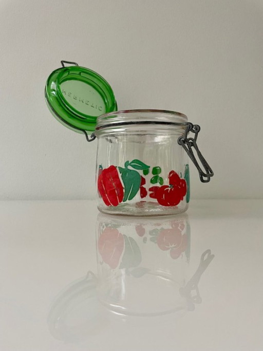 Bocal à conserve vintage en verre Carlton avec motif de légumes rétro
