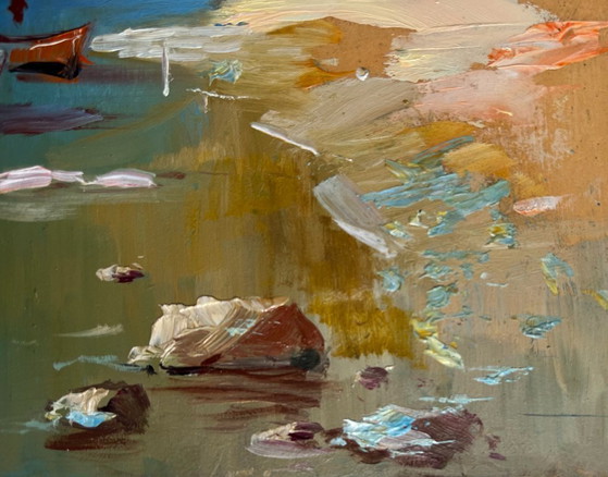 Image 1 of Peinture à l'huile originale, paysage de plage d'été, chaudes journées en mer