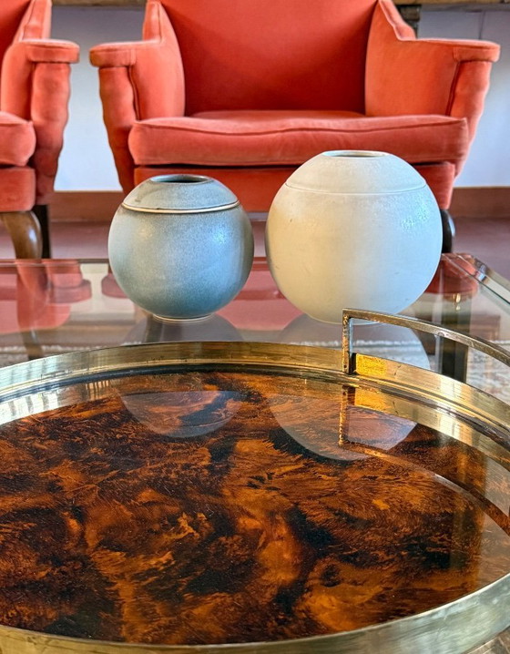 Image 1 of Set van 2 bolvormige aardewerken vazen ​​in mid-century modern stijl, Franco Bucci Italië ca. 1970