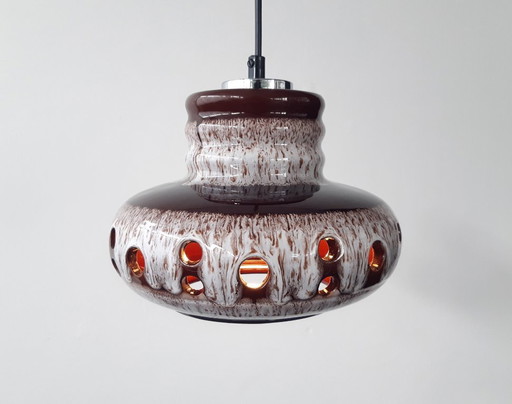Keramieken aardewerken vintage hanglamp van Herda, west germany fat lava stijl, keramische retro hanglamp, bruin witte hanglamp